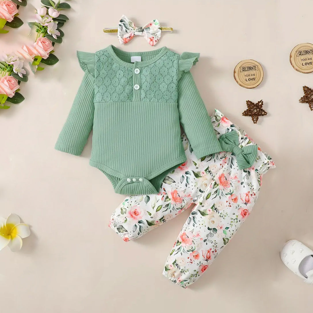 3PCS Adorable Floral Printed Lace Decoration Bowknot Long Sleeve Baby Set