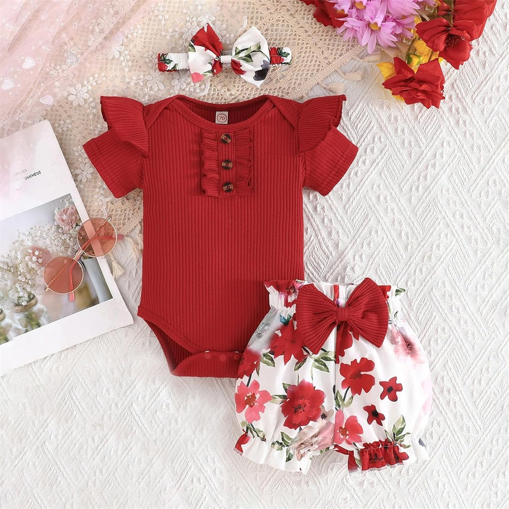 3PCS Comfy Floral Print Short Sleeve Baby Set
