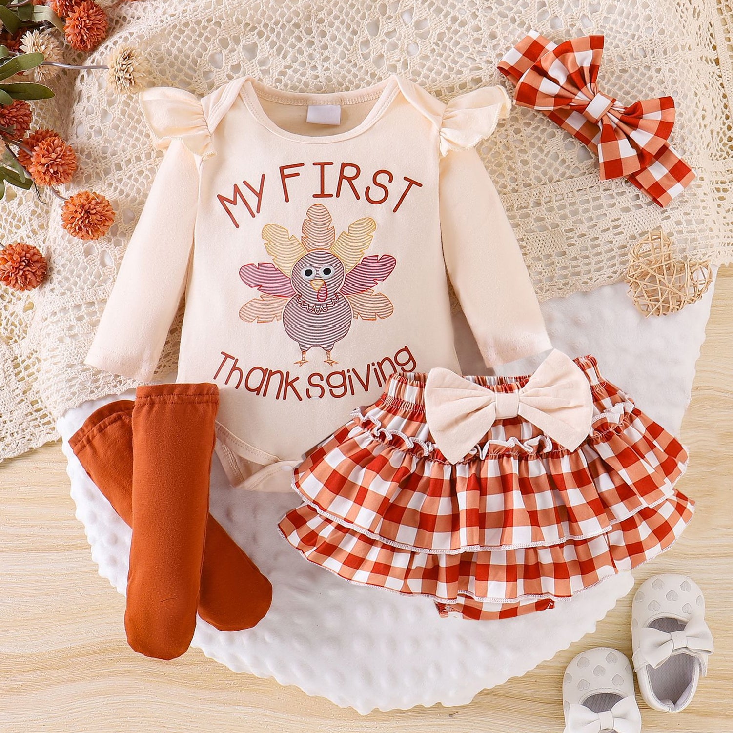 4PCS My First Thanksgiving Letter Plaid Printed Baby Set