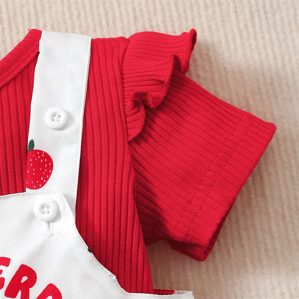 3PCS Adorable Strawberry Printed Short Sleeve Baby Overalls Set