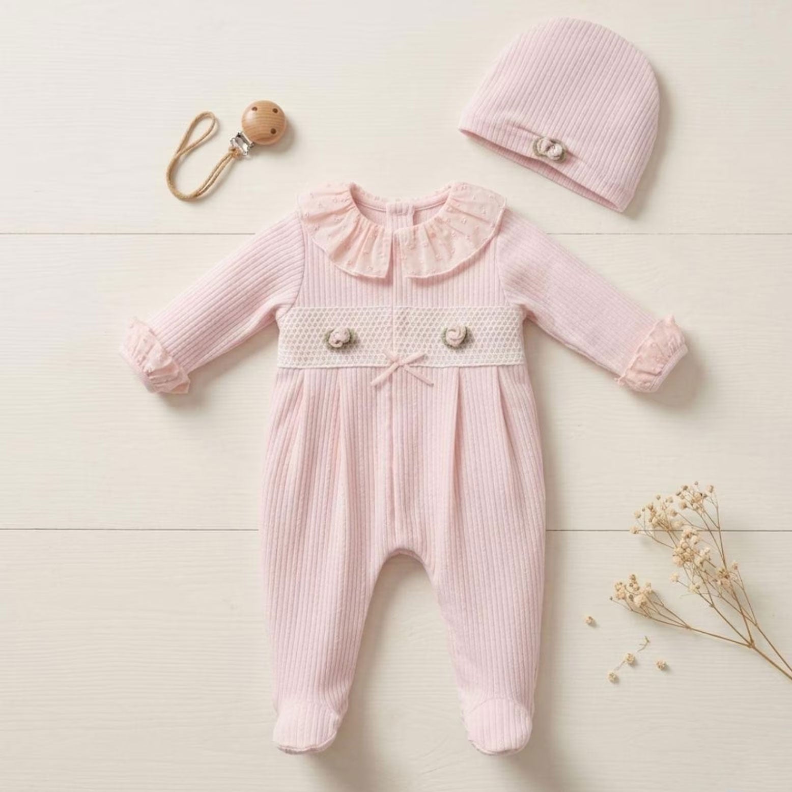 2PCS Solid Color Floral Appliqué Long Sleeve Baby Jumpsuit