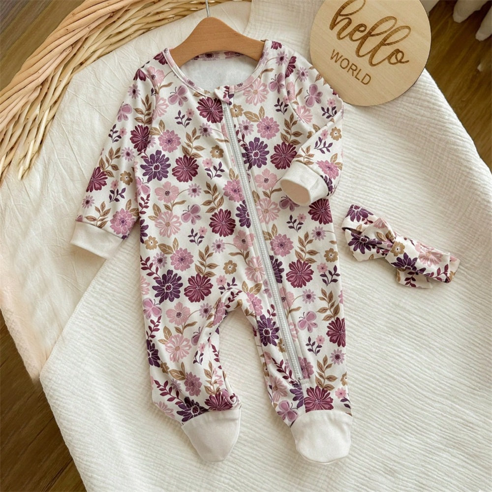 2PCS Casual Floral Printed Long Sleeve Zipper Baby Jumpsuit