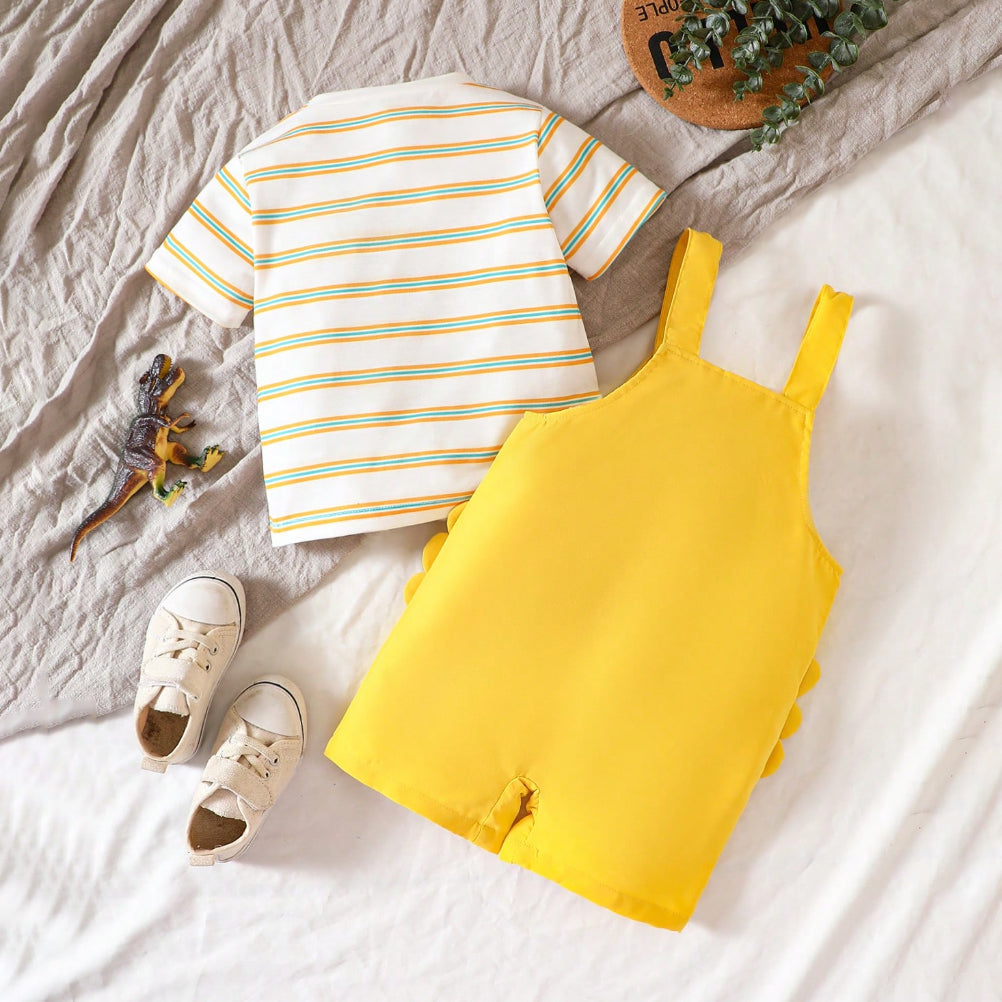 2PCS Dinosaur Printed Striped Short Sleeve Baby Bib Pants Set