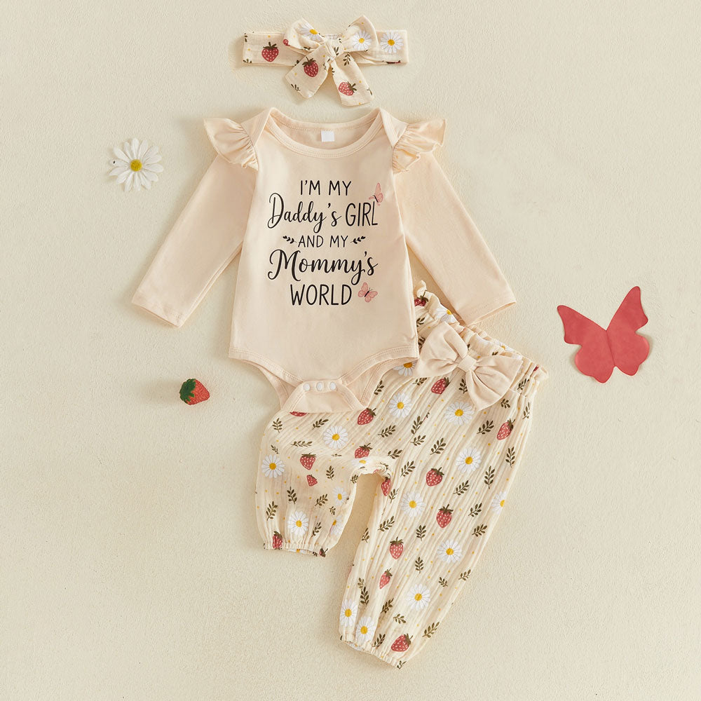 3PCS Daddy's Girl Mommy's World Letter Strawberry Printed Long Sleeve Baby Set