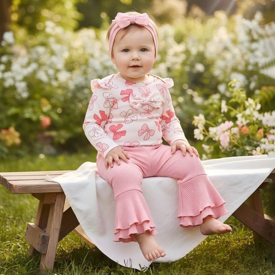 4PCS Sweet Bow Print Long Sleeve Baby Girl Set