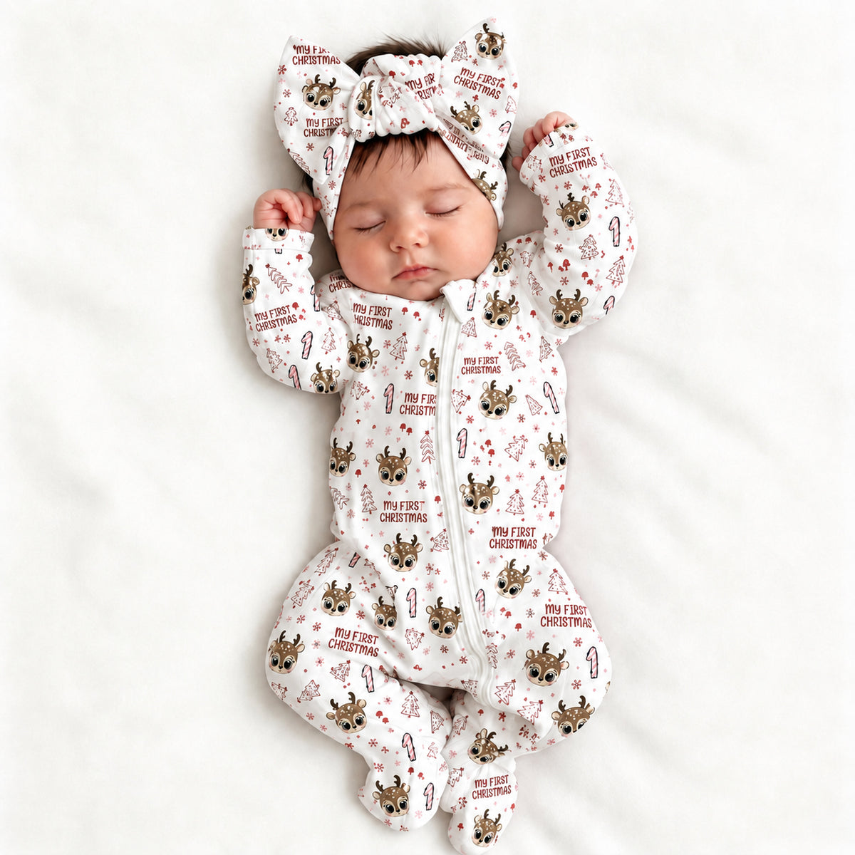 2PCS Lovely Letter and Reindeer Tree Print Zipper Baby Christmas Jumpsuit
