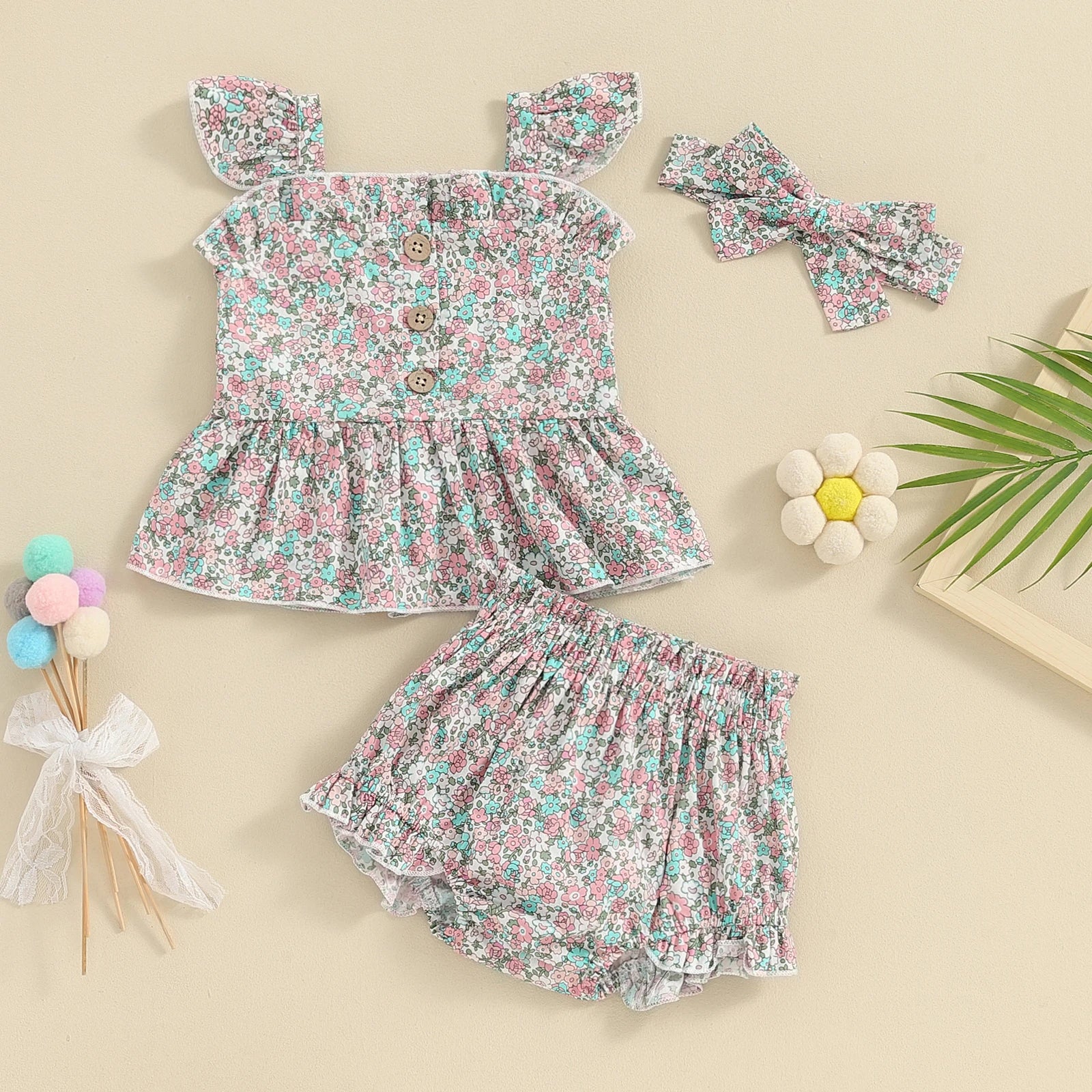 3PCS All Over Floral Printed Sleeveless Baby Set