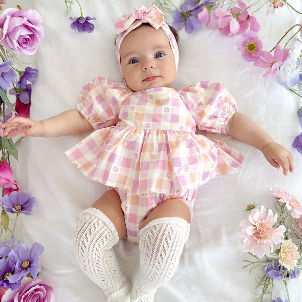 2PCS Cute Plaid and Floral Printed Short Sleeve Baby Romper