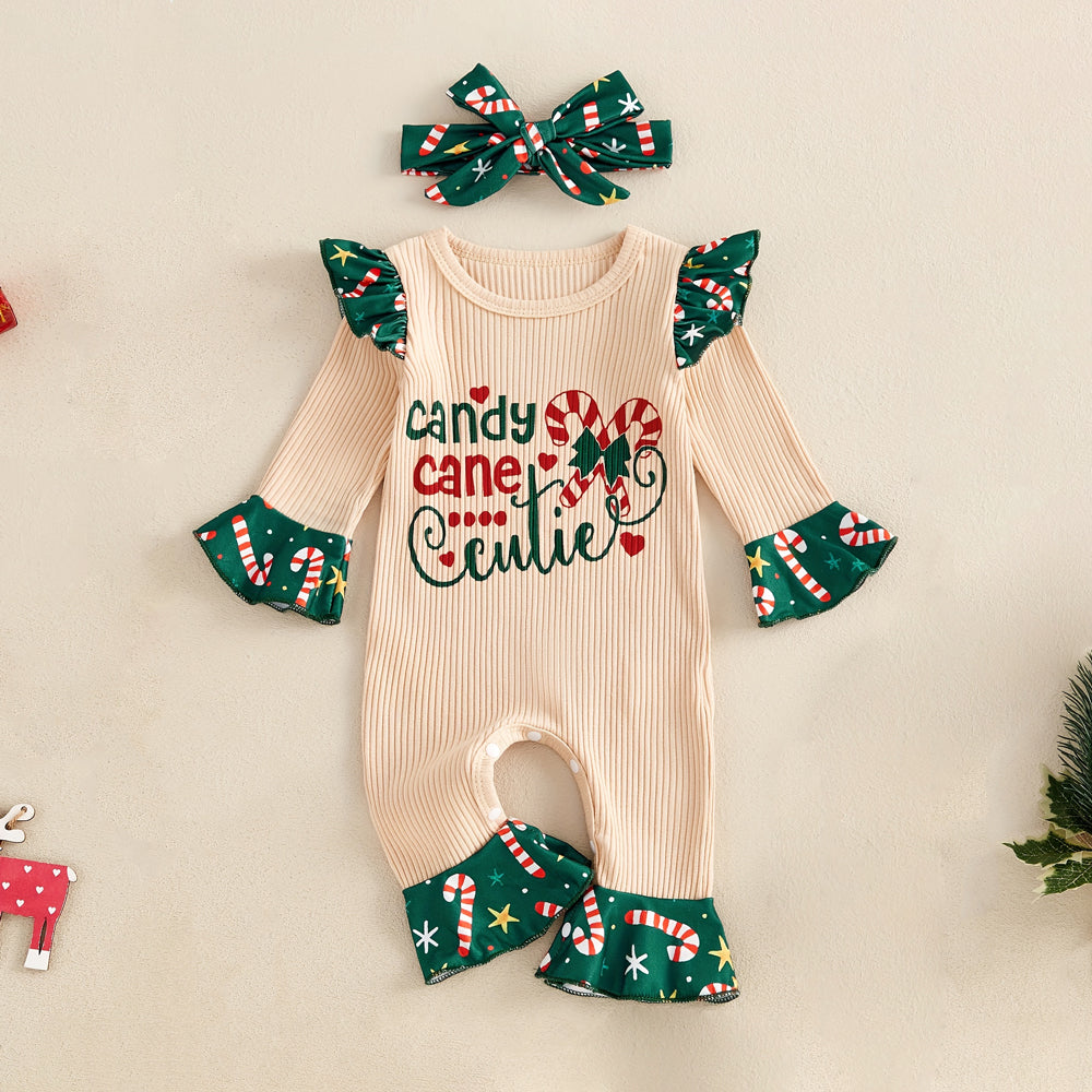 2PCS Candy Cane Cutie Letter and Printed Baby Jumpsuit