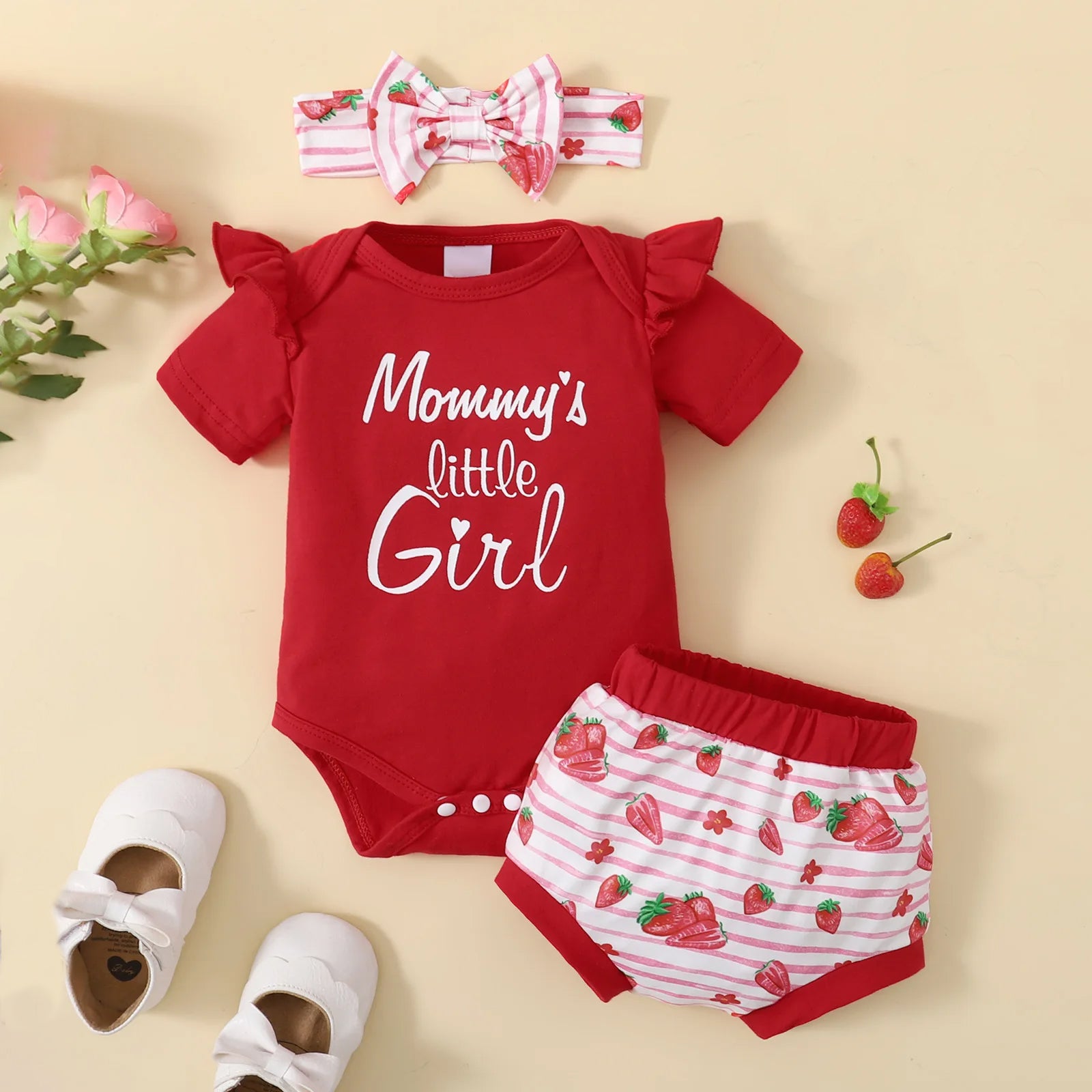 3PCS Mommy's Little Girl Letter Strawberry Stripe Print Baby Set