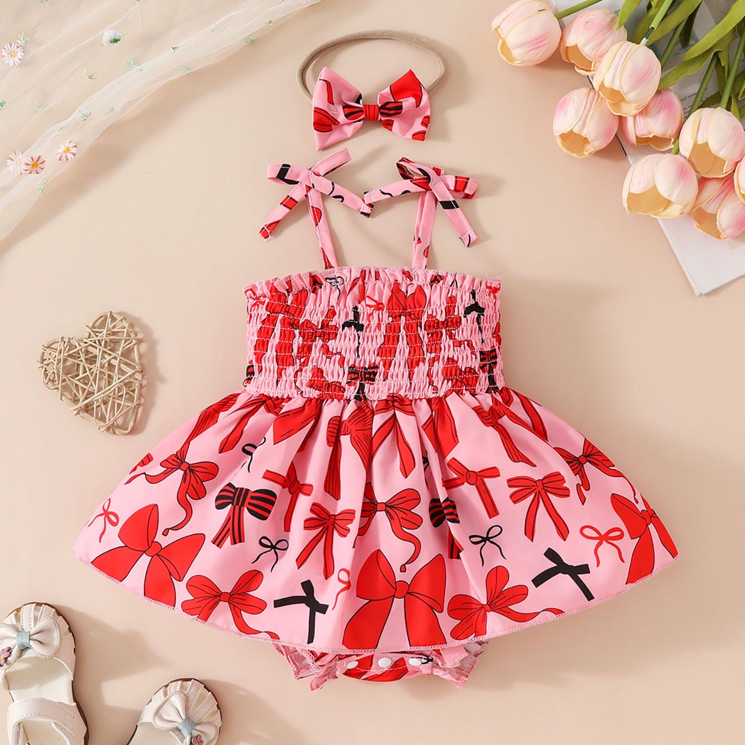 2PCS Vibrant Bow Print Sleeveless Baby Romper