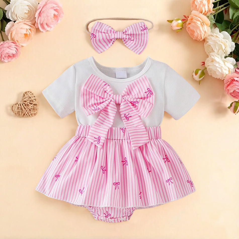 2PCS Gorgeous Stripe Bow Print Short Sleeve Baby Romper