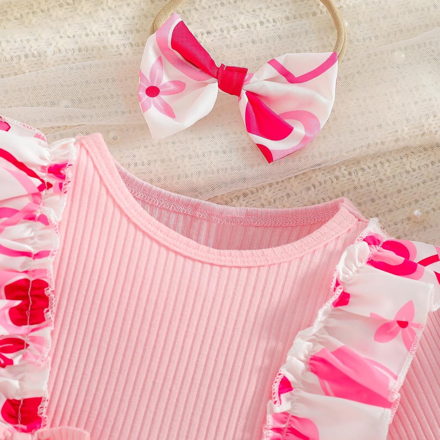 2PCS Cheerful Heart Printed Bow Baby Girl Romper