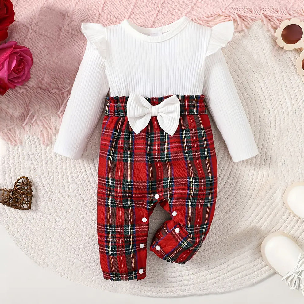 Comfortable Plaid Printed Bow Long Sleeve Baby Jumpsuit