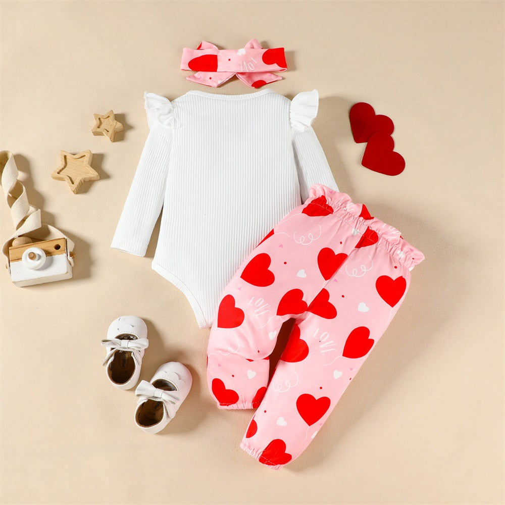 3PCS Daddy's Little Girl Letter Heart Print Long Sleeve Baby Set