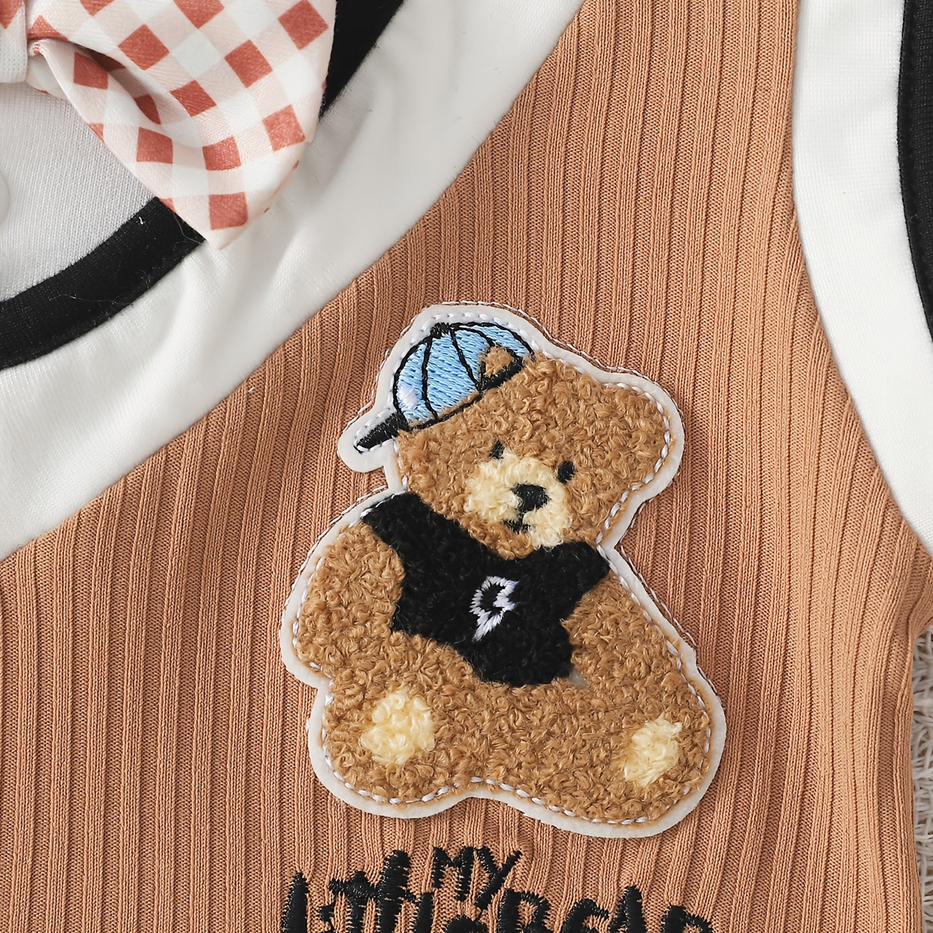 2PCS Preppy Style 3D Chenille Bear Patch Short Sleeve Baby Set