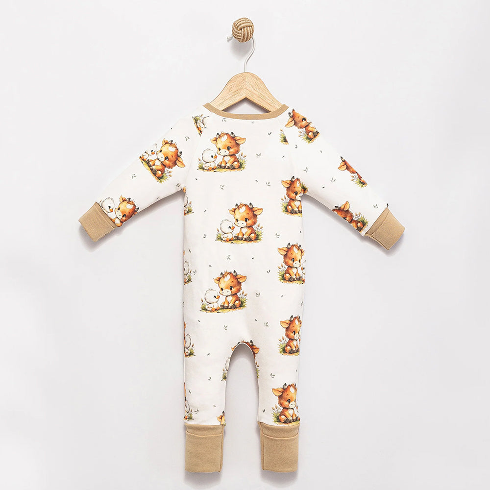 Lovely Cow and Duck Printed Long Sleeve Zipper Baby Jumpsuit