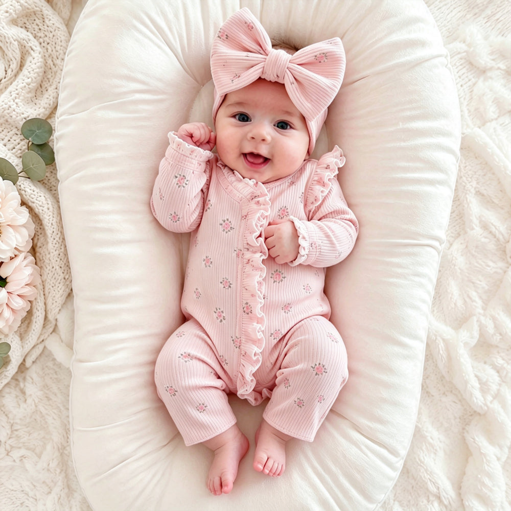 2PCS Classy Floral Print Zipper Long Sleeve Baby Jumpsuit