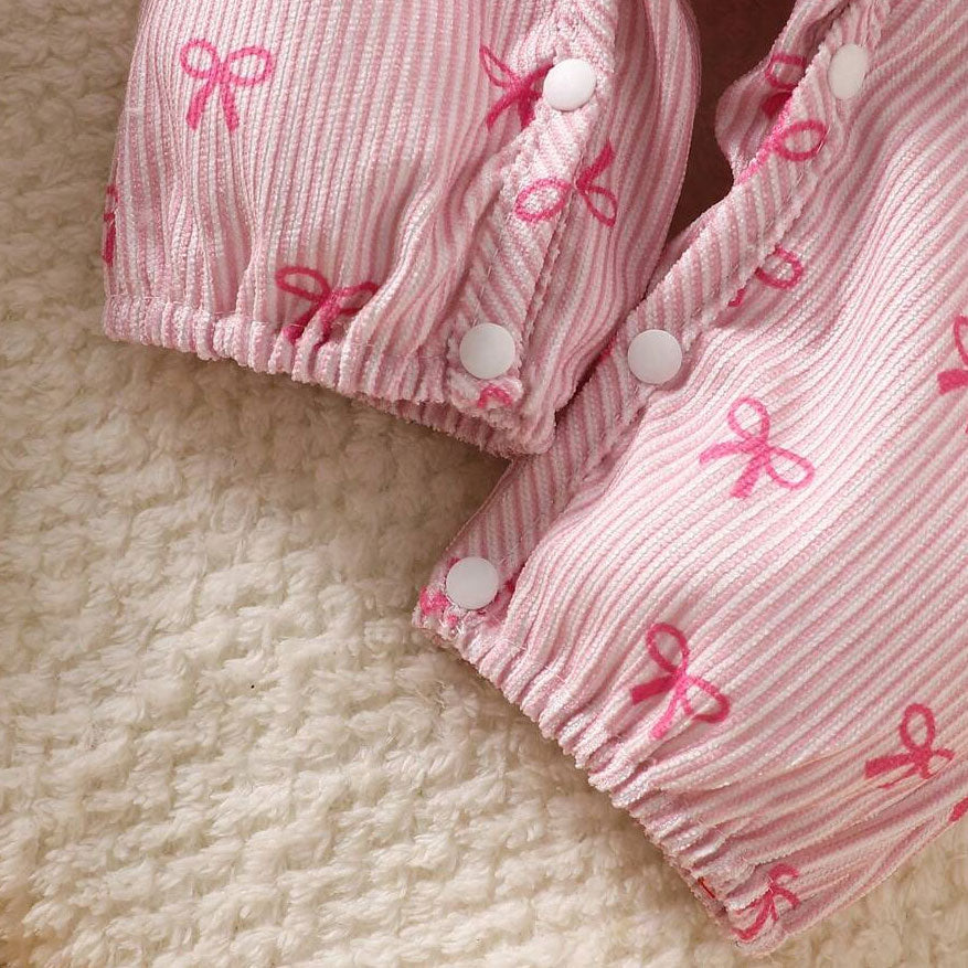 Sweet Bowknot Print Ruffle Long Sleeve Baby Jumpsuit