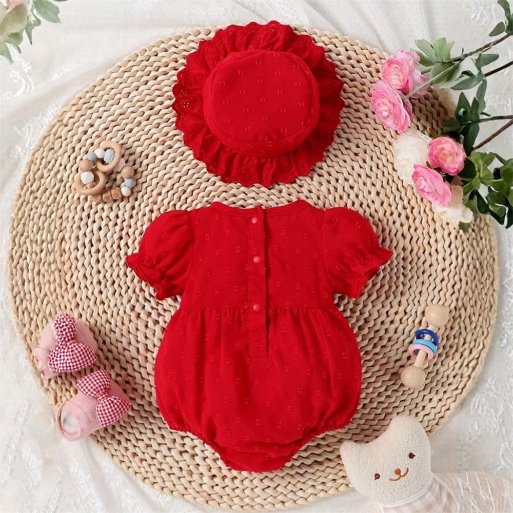2PCS Stylish Solid Color Puff Sleeve Baby Romper