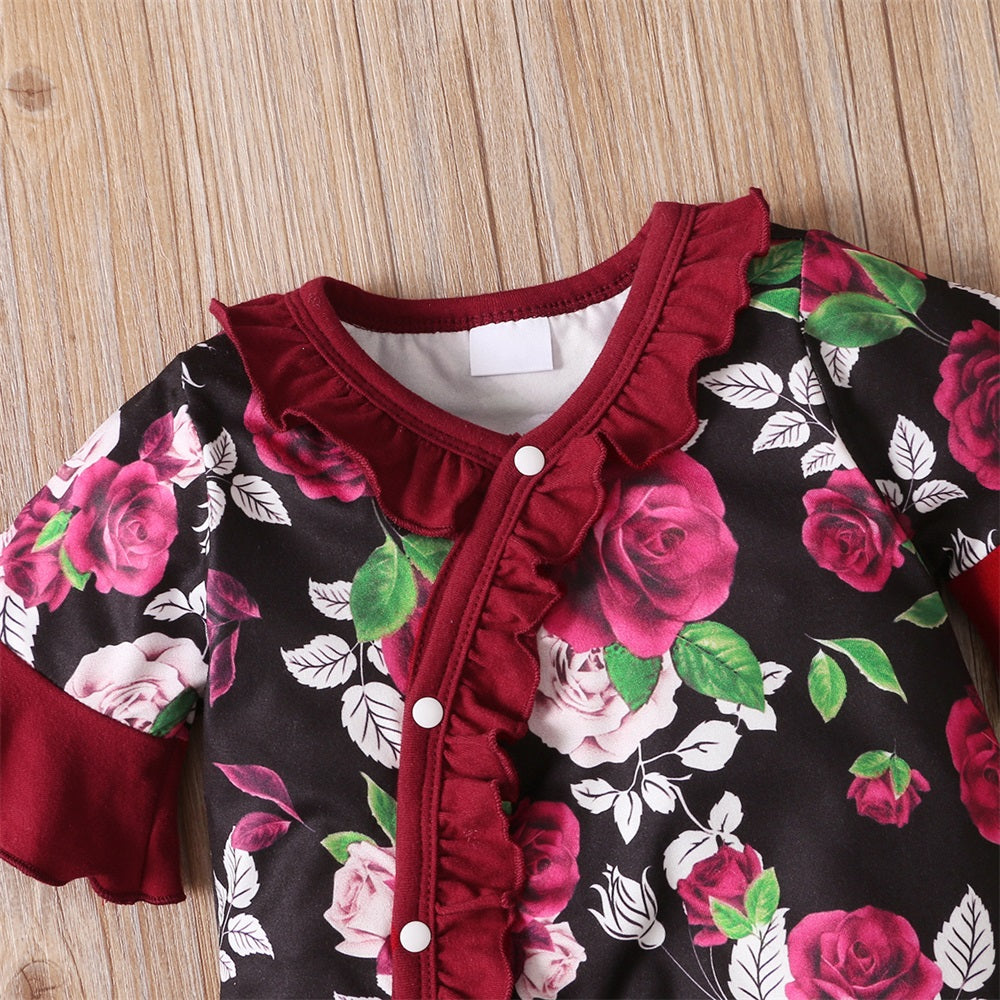 2PCS Casual Floral Print Frill Trim Short Sleeve Baby Jumpsuit