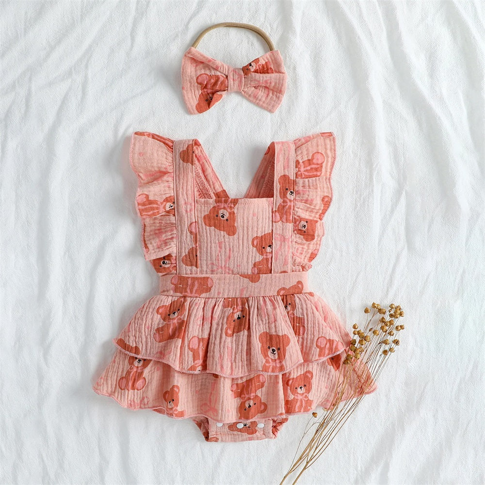 2PCS Cute Bear Printed Ruffled Sleeveless Baby Romper
