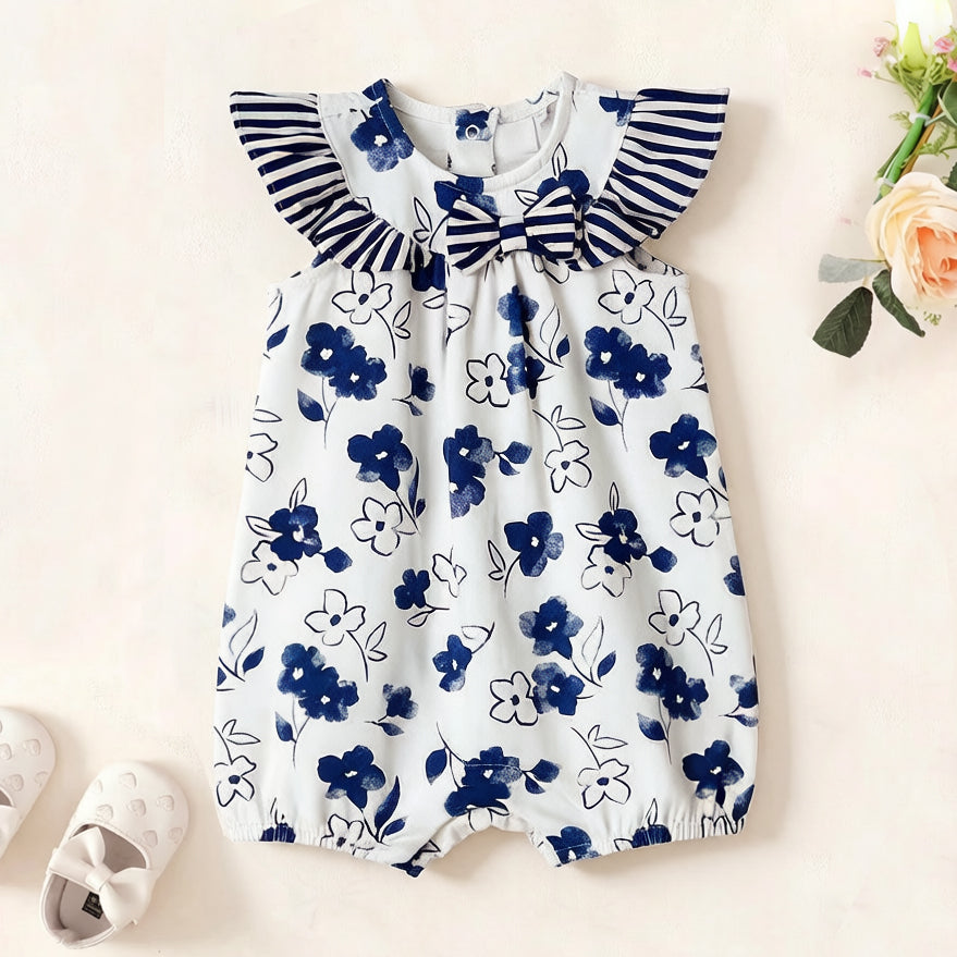 Stylish Floral Stripe Print Flounce Sleeve Baby Jumpsuit