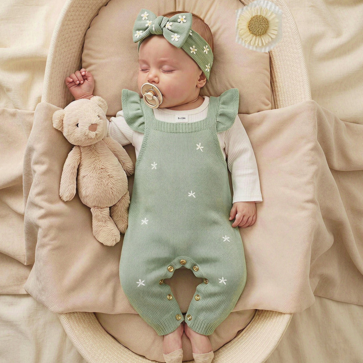 Sweet Floral Faux Two-Piece Long Sleeve Knit Baby Girl Jumpsuit
