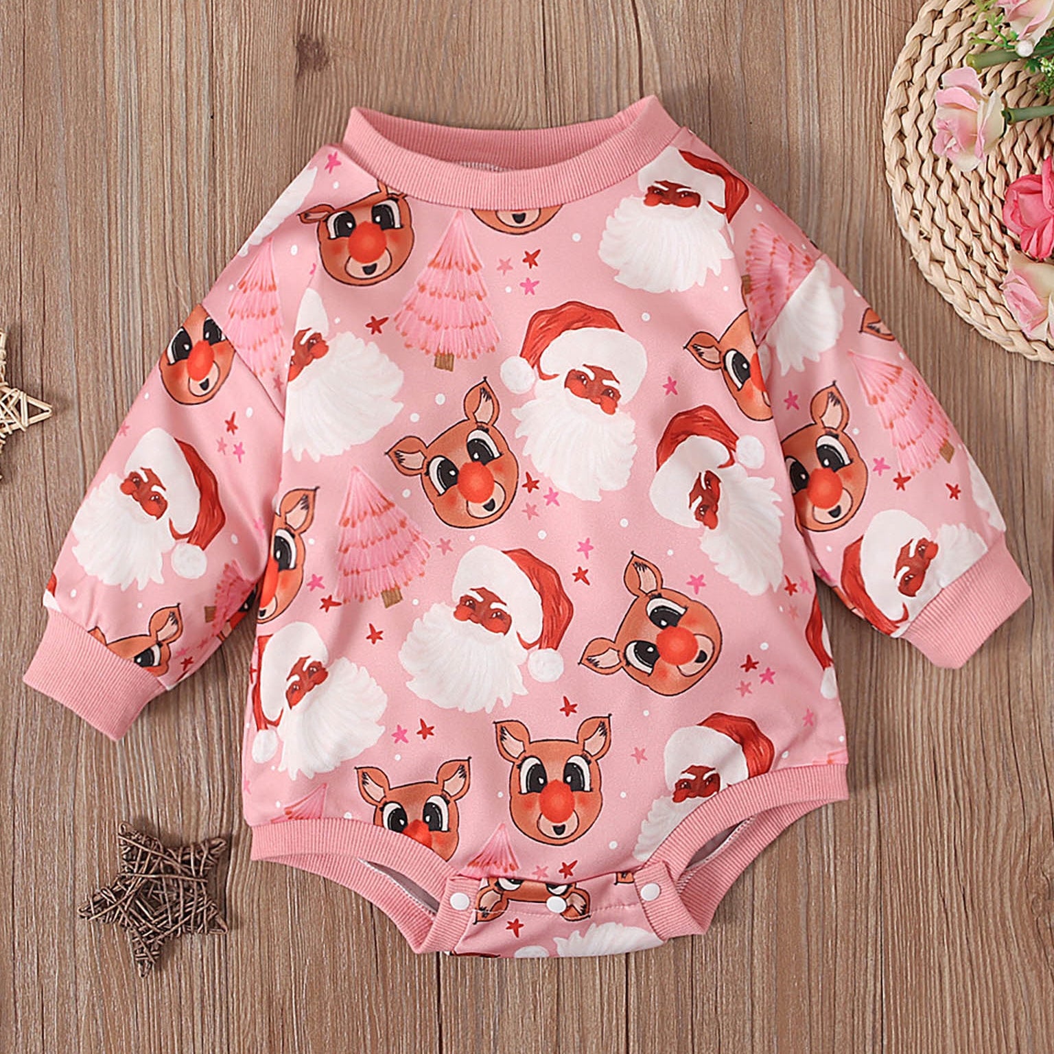 Santa Claus and Elk Printed Long Sleeve Baby Romper