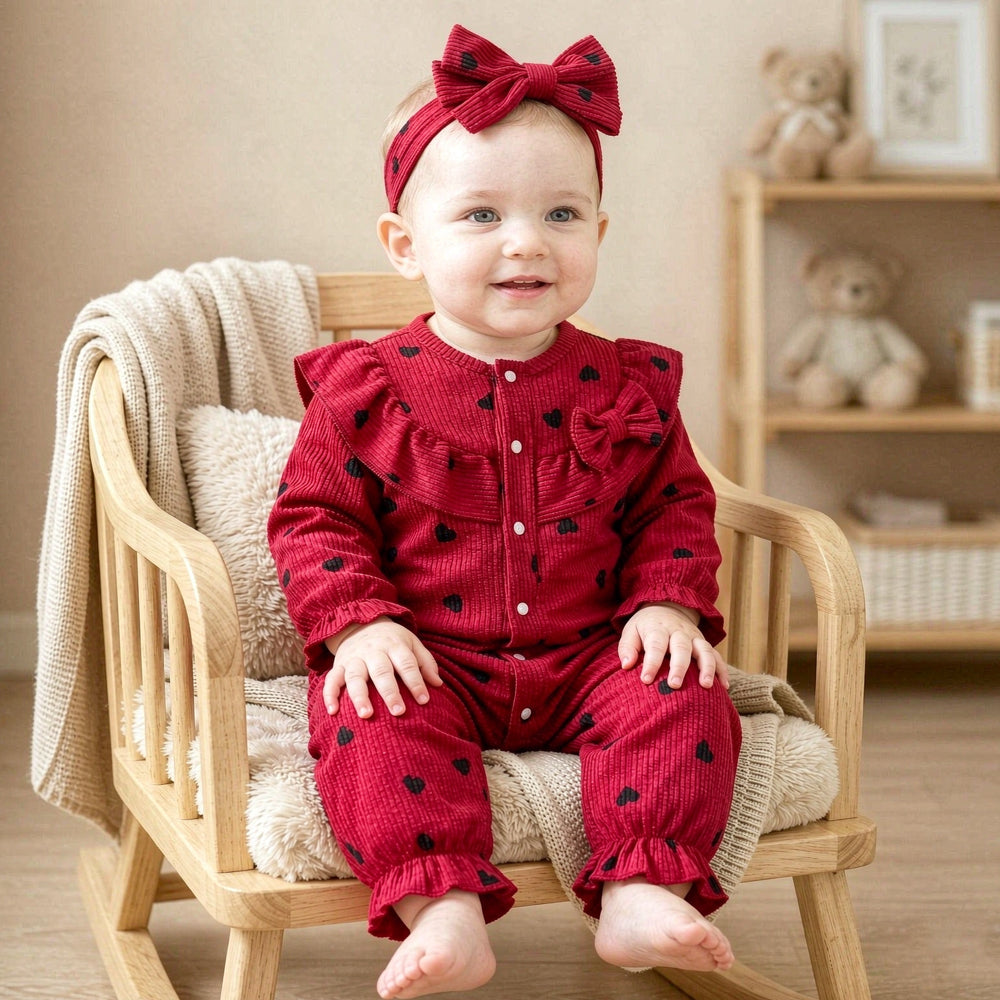 2PCS Lovely Baby Girl Heart Printed Bow Long Sleeve Jumpsuit