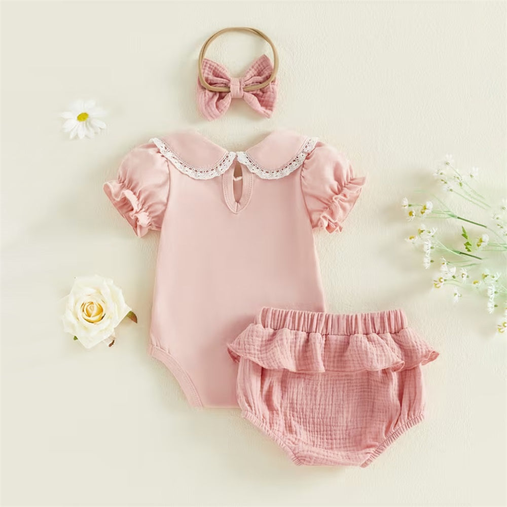3PCS Floral Embroidery Doll Collar Short Sleeve Baby Set