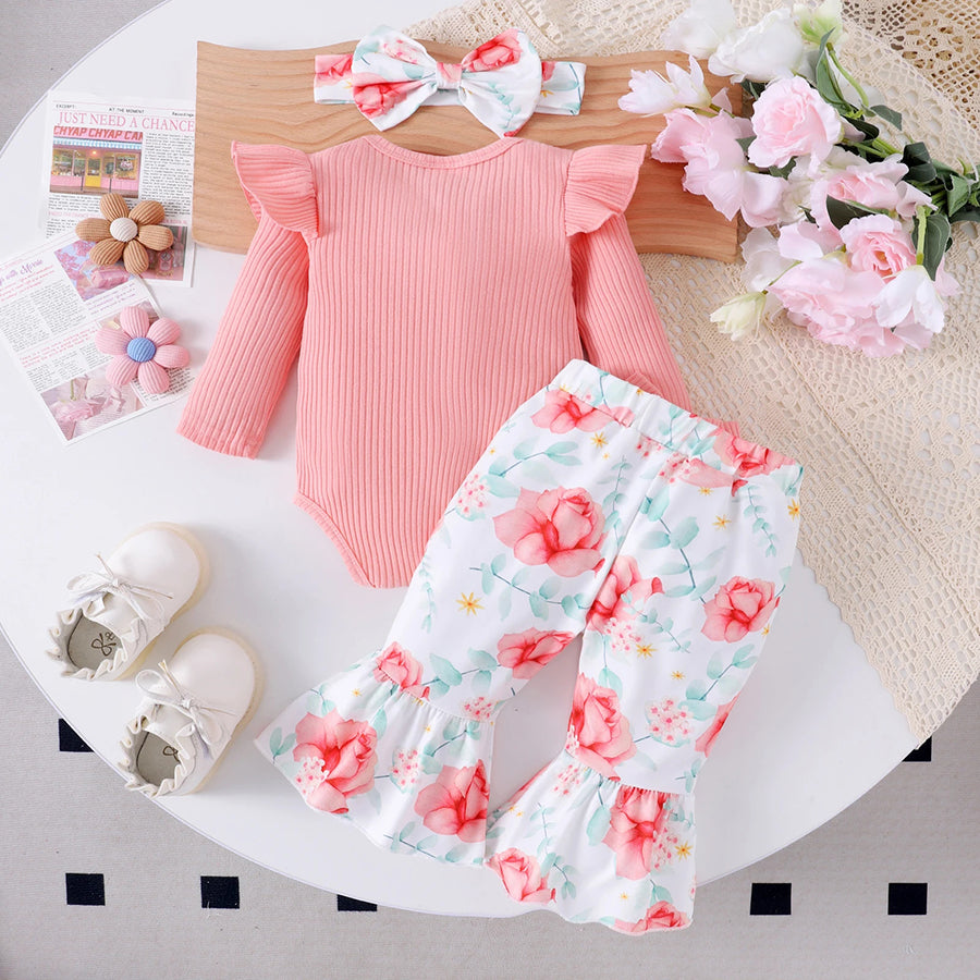 3PCS I Got It From My Mama Letter Floral Printed Long Sleeve Baby Set