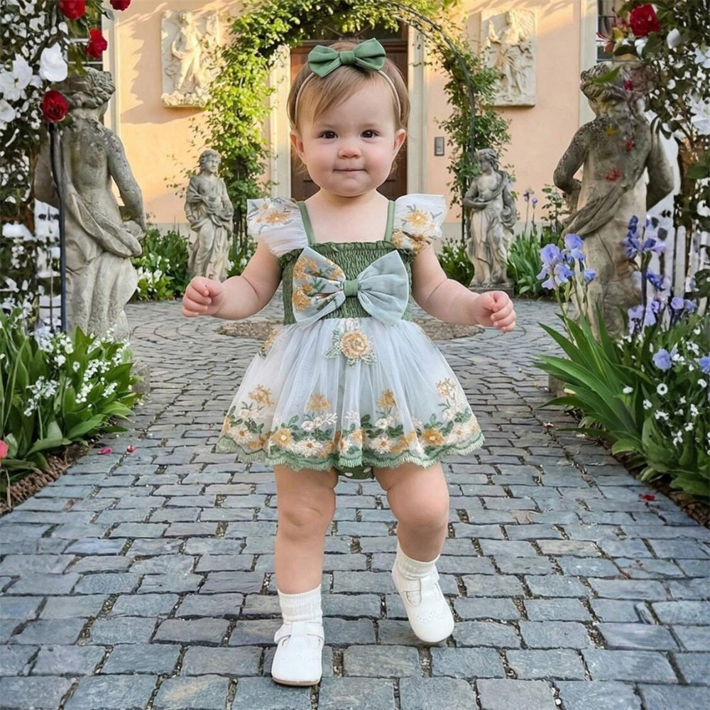 2PCS Casual Floral Embroidery Smocked Bow Flounce Sleeve Baby Romper