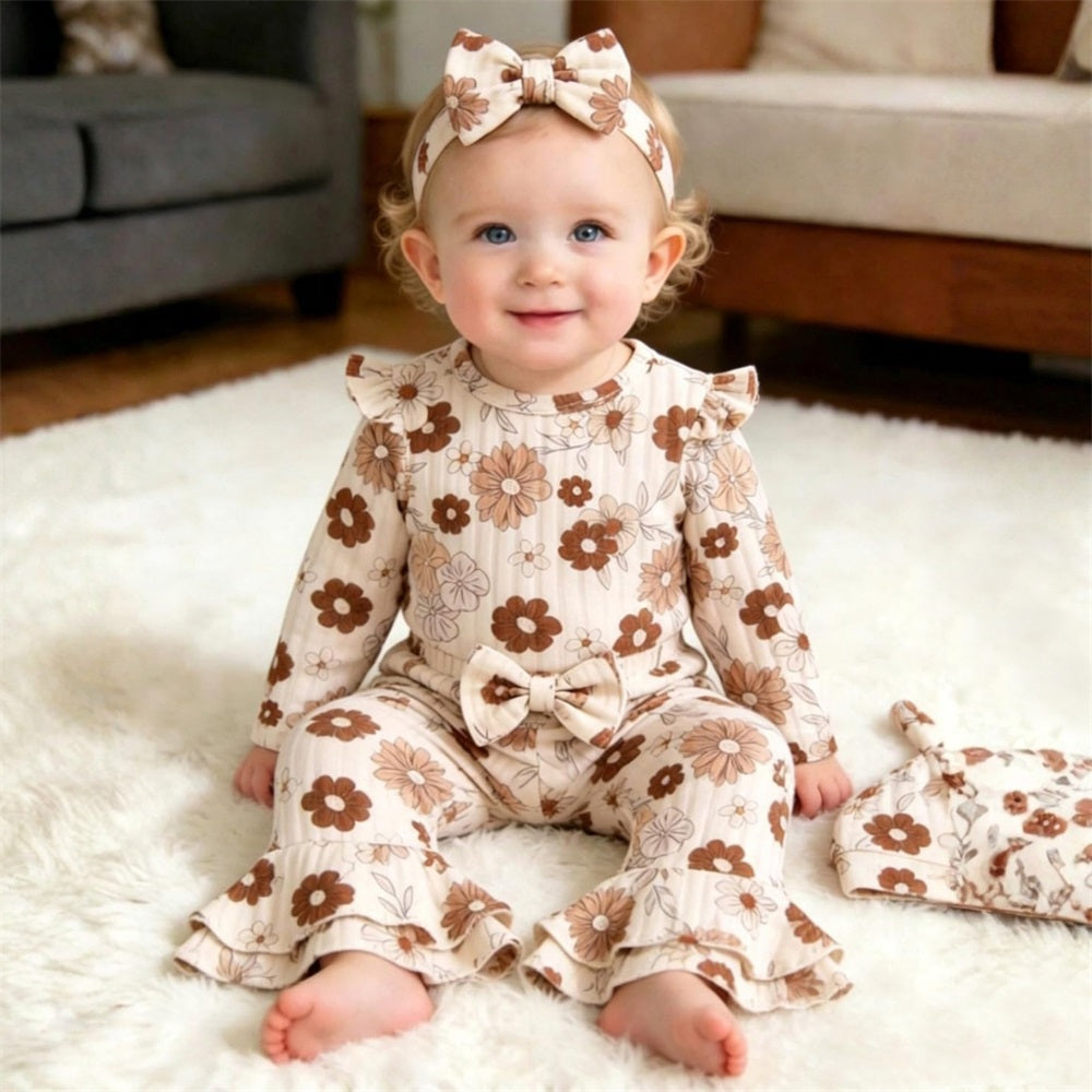 4PCS Cute Floral Printed Long Sleeve Baby Set