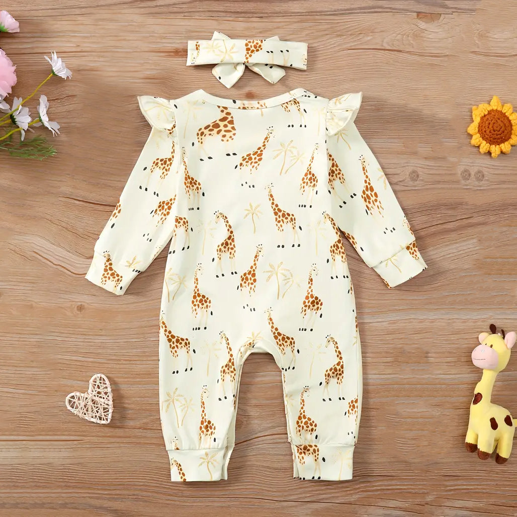 2PCS Comfy Giraffe Full Printed Long Sleeve Baby Jumpsuit