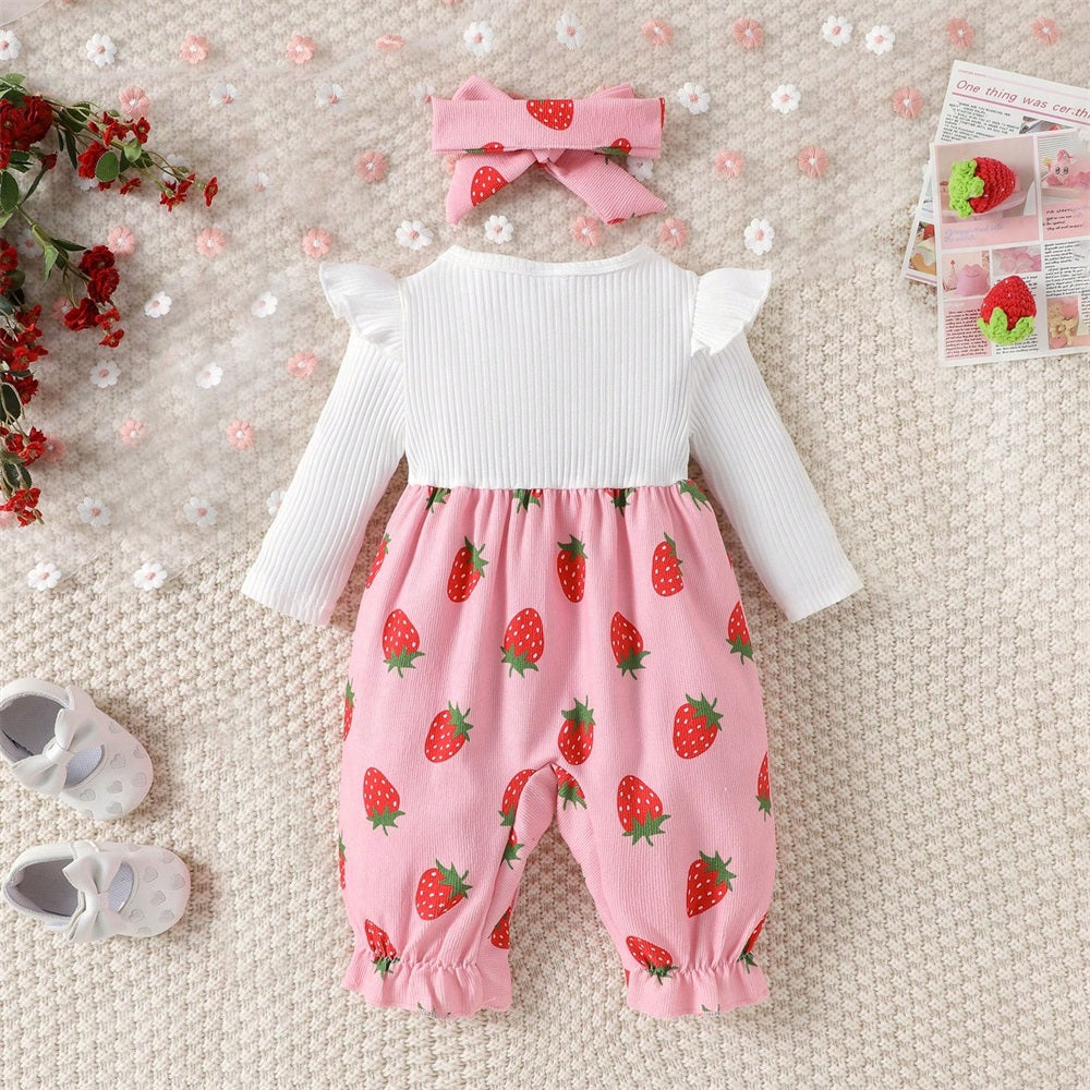 2PCS Sweet Strawberry Print Long Sleeve Baby Jumpsuit