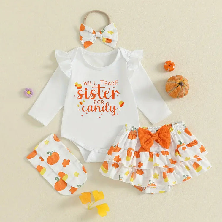 4PCS Halloween Will Trade Sister Letter Pumpkin Printed Baby Set