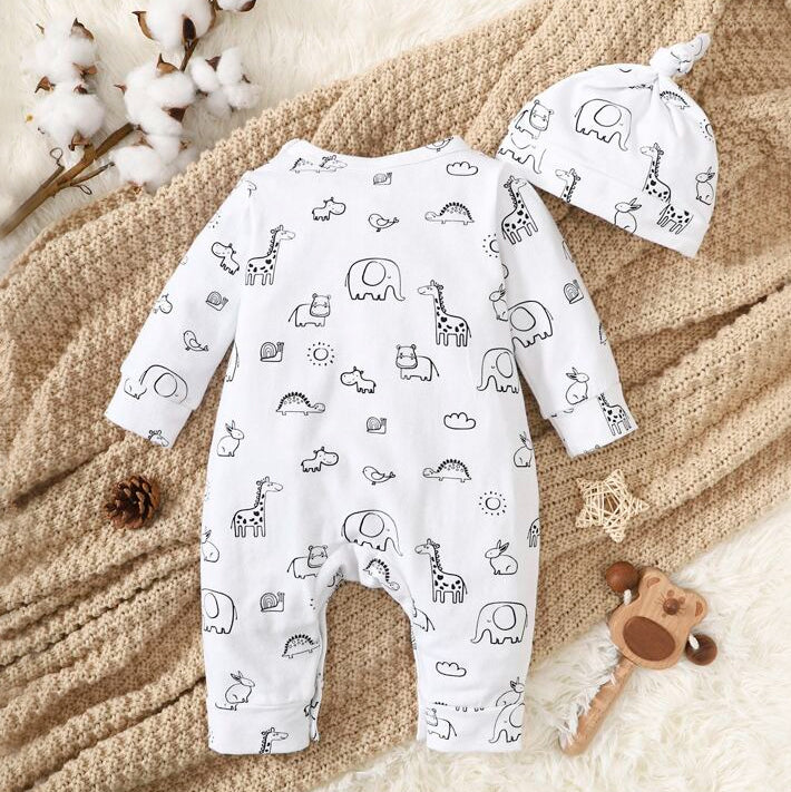 Baby Boy Cartoon Animal and Letter Print Short-sleeve Splicing Striped Jumpsuit