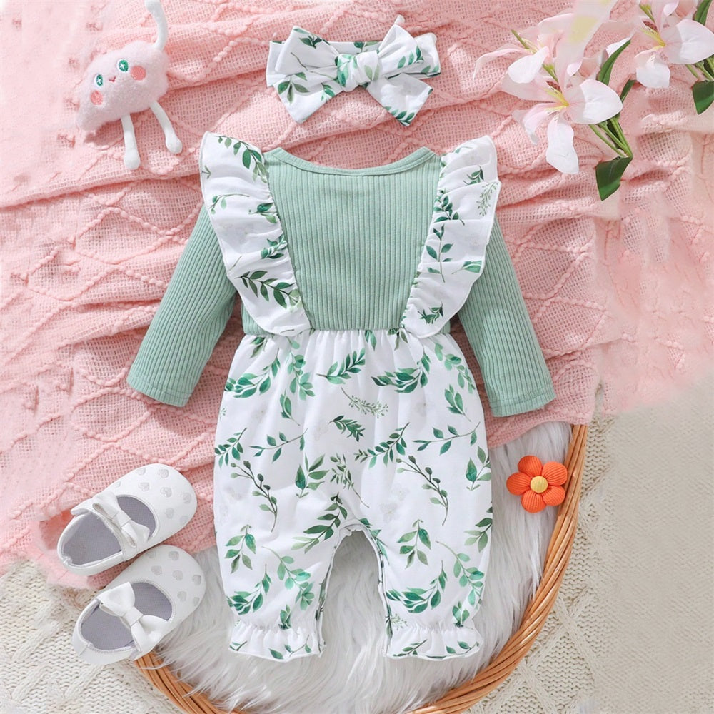 2PCS Leaf Allover Print Long Sleeve Baby Jumpsuit