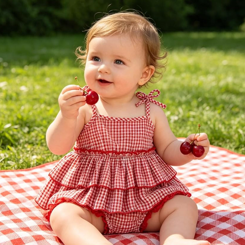 2PCS Summer Plaid Printed Sleeveless Ruffle Baby Set