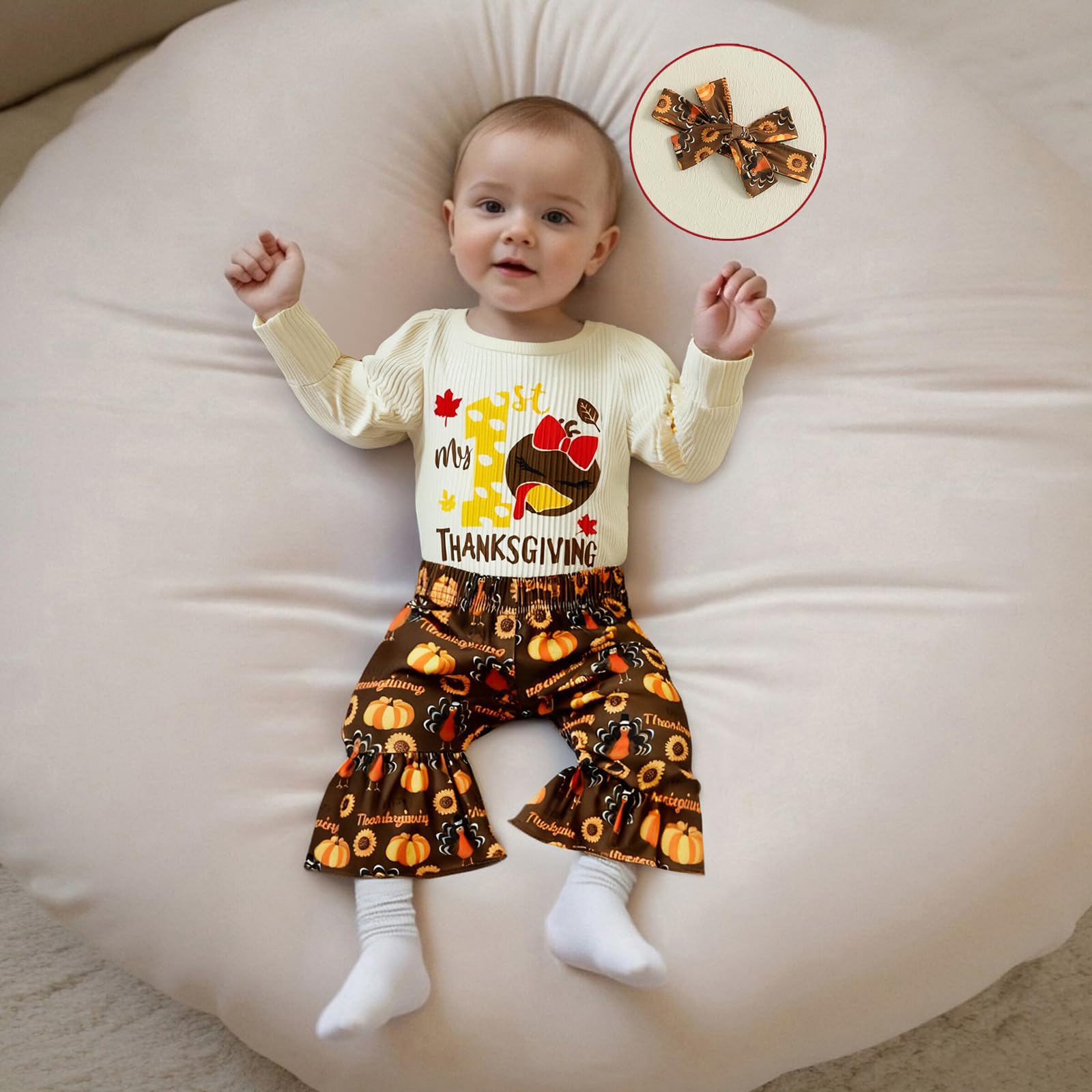3PCS Chic My 1st Thanksgiving Letter Turkey Print Baby Set