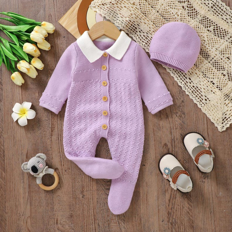 2PCS Lovely Solid Color Knit Long Sleeve Baby Girl Jumpsuit