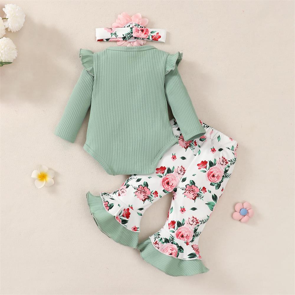 3PCS Stylish Cute Floral Print Long Sleeve Baby Girl Set
