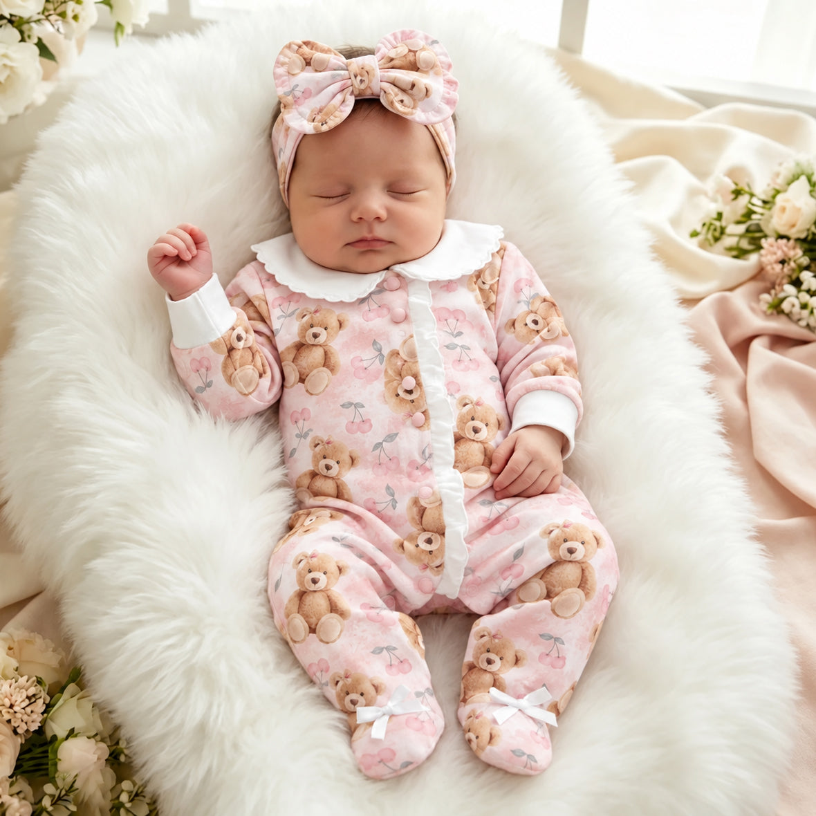 2PCS Sweet Teddy Bear Cherry Print Long Sleeve Baby Girl Jumpsuit