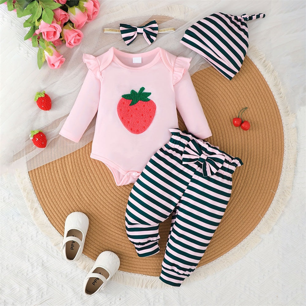4PCS Strawberry Print Striped Long Sleeve Baby Set
