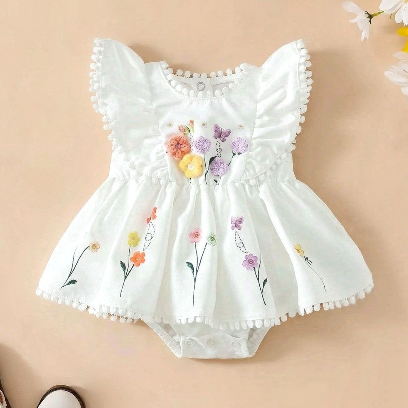 3D Crochet Flower Butterfly Embroidered Baby Flutter Sleeve Baby Romper