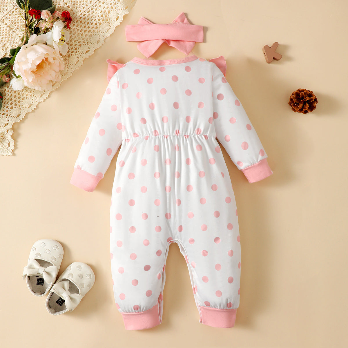 2PCS Sweet Polka Dots Printed Ruffle Shoulder Baby Jumpsuit