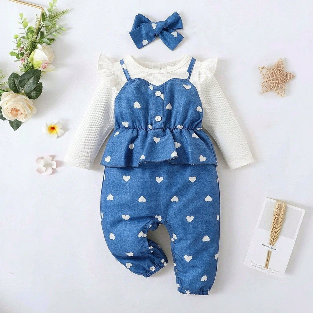 2PCS Chic Heart Print Faux Two Piece Long Sleeve Baby Jumpsuit