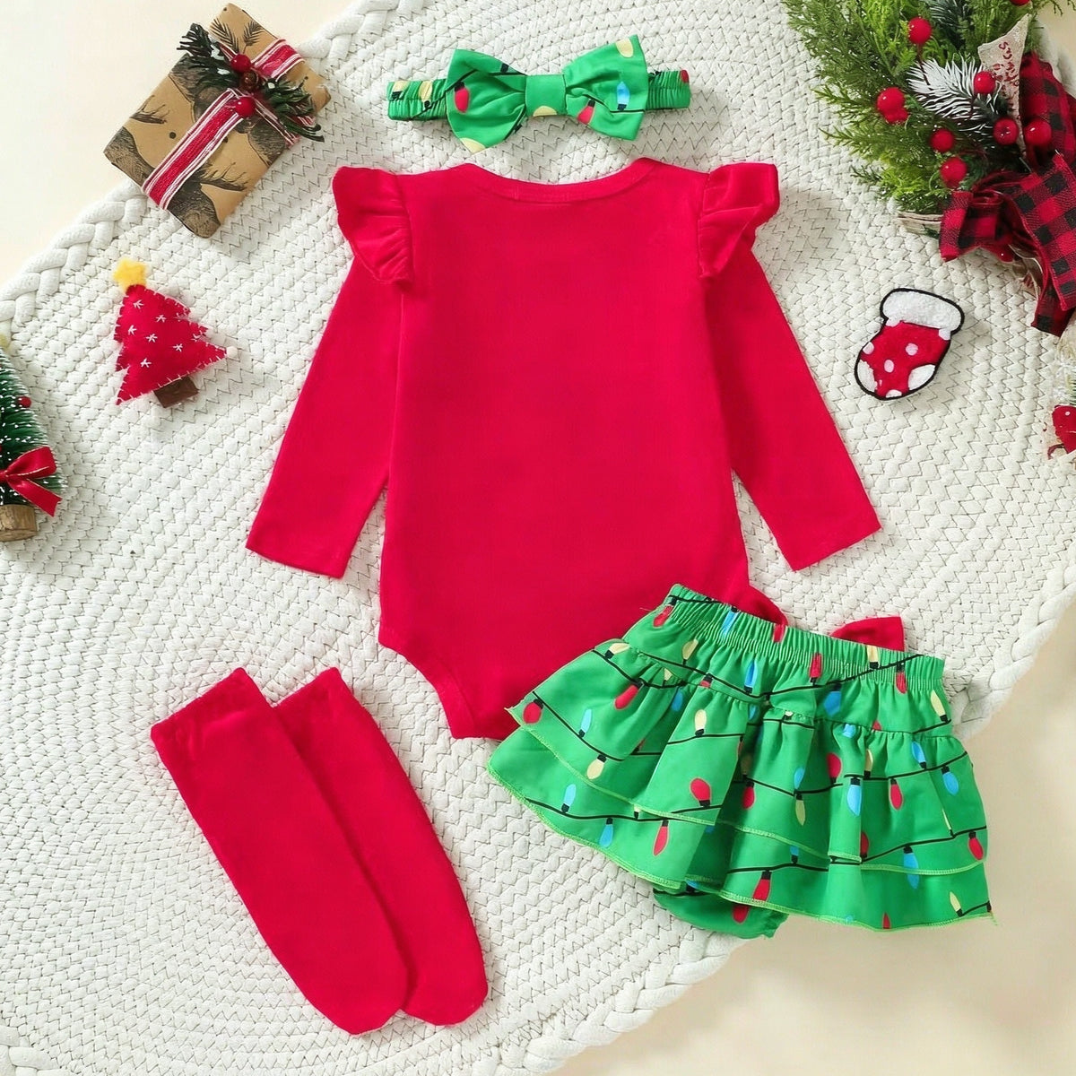 4PCS My First Christmas Letter Holiday Lights Print Long Sleeve Baby Girl Set
