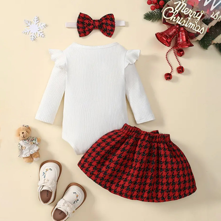 3PCS Christmas Bear Plaid Printed Baby Skirt Set